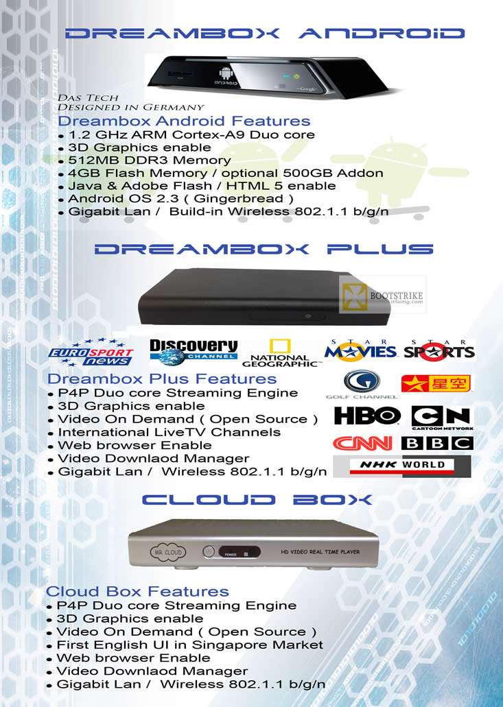 IT SHOW 2012 price list image brochure of Amconics Media Player, Dreambox Android, Dreambox Plus, Cloud Box, TV