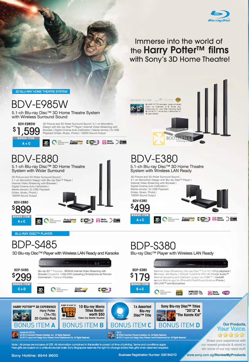 IT SHOW 2012 price list image brochure of Audio House Sony Blu-Ray 3D Home Theatre System BDV-E985W, BDV-E880, BDV-E380, Blu Ray Player BDP-S485, BDP-S380