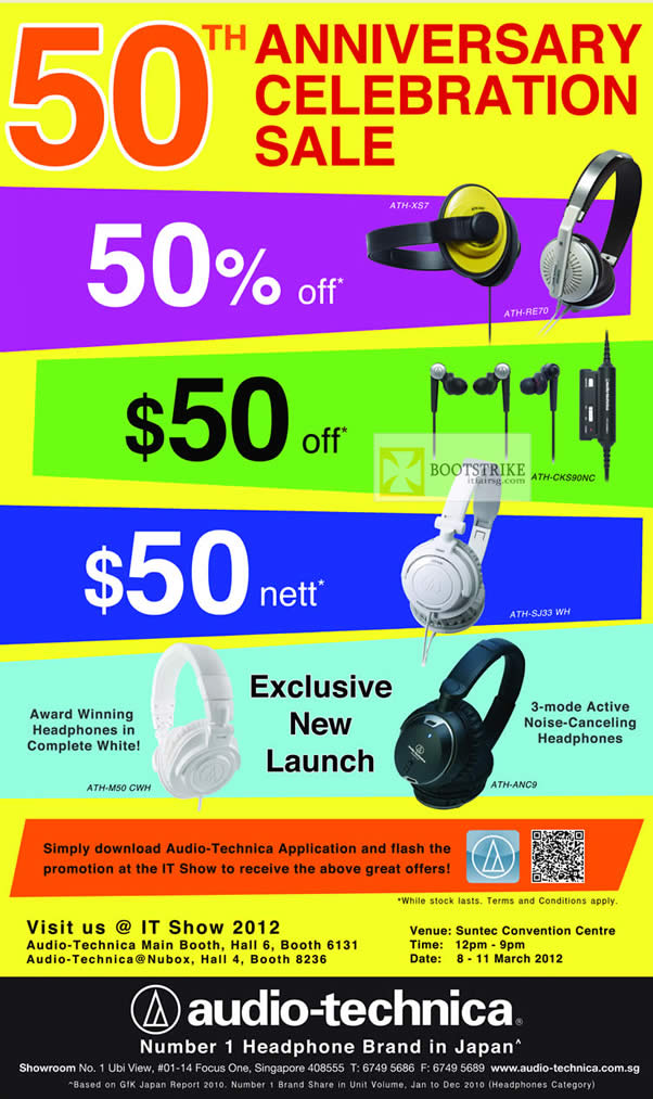 IT SHOW 2012 price list image brochure of Audio Technica 50th Anniversary Celebration Sale, ATH-SJ33 WH Headphone, ATH-XS7, ATH-RE70, ATH-CKS90NC