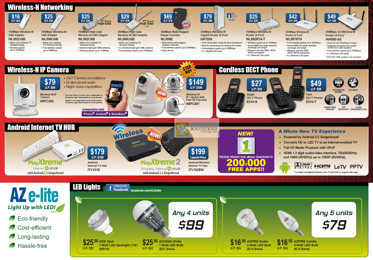 IT SHOW 2012 price list image brochure of Aztech Networking Wireless N USB Adapter, Router, Range Extender WL556E, IPCam WIPC302, WIPC401, DECT Phone, Andorid Internet TV Media Player, LED Lights