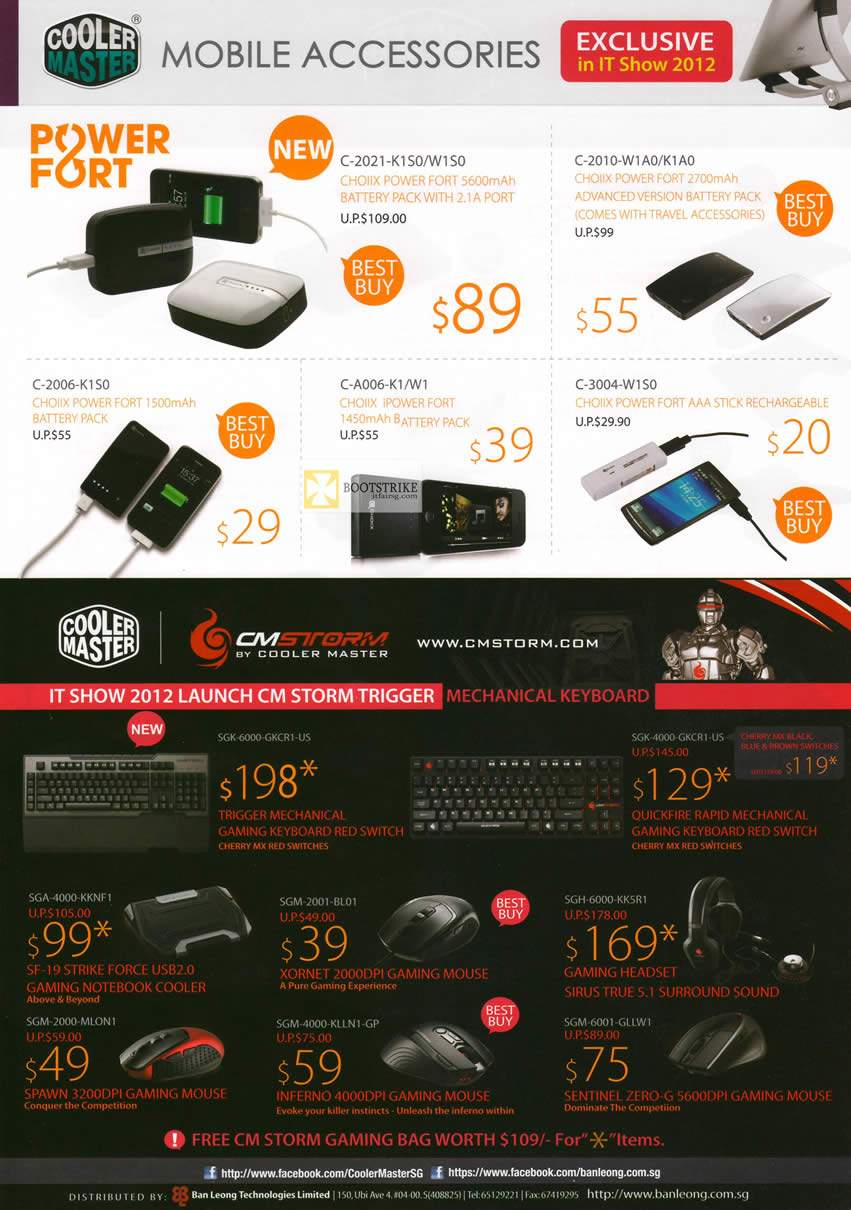 IT SHOW 2012 price list image brochure of Ban Leong Coolermaster Mobile Accessories Power Fort Battery Pack, CM Storm Keyboard, Mechanical Notebook Cooler, Headset, Mouse