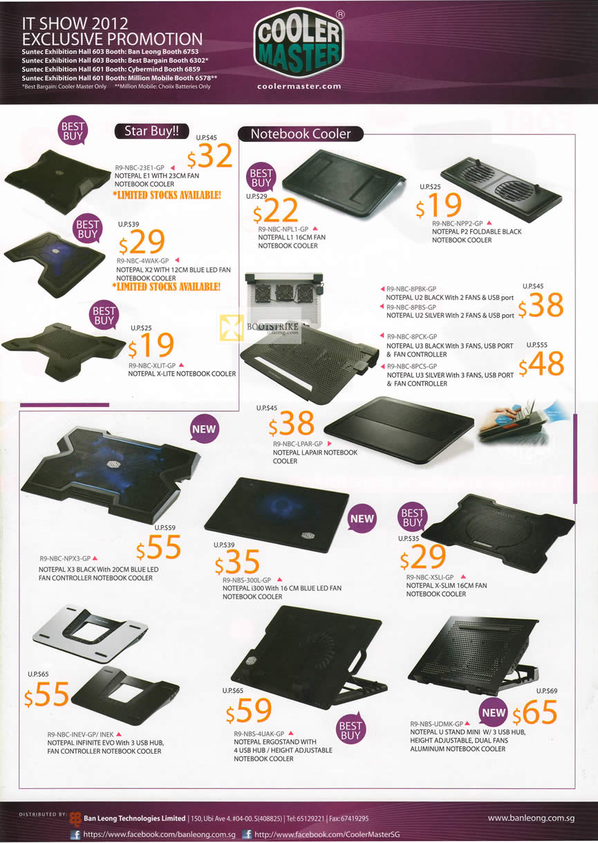 IT SHOW 2012 price list image brochure of Ban Leong Coolermaster Notebook Cooler Notepal, X3 Black, Ergostand, U Stand Mini, Slim