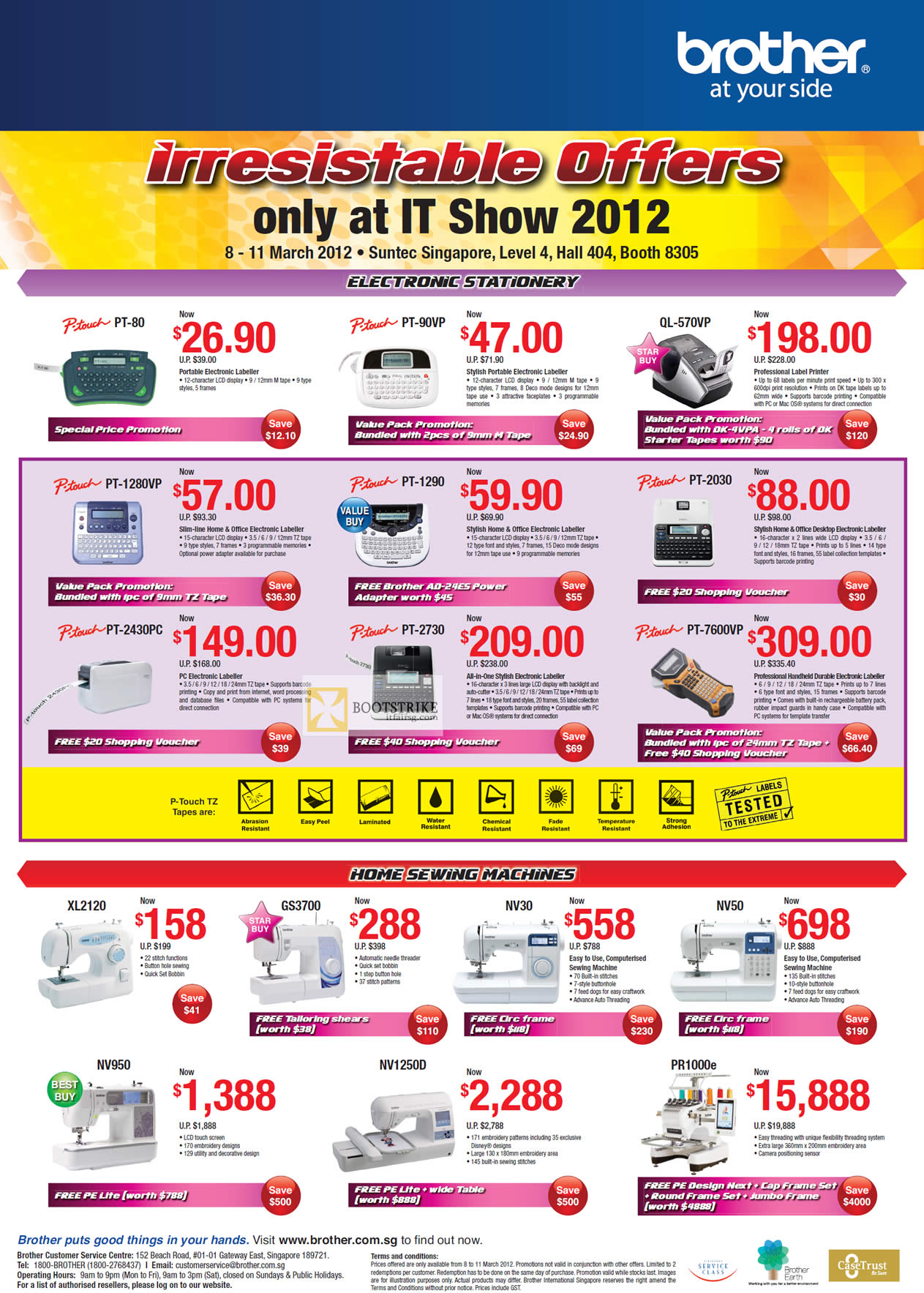 IT SHOW 2012 price list image brochure of Brother Labellers PT-80 PT-90VP QL-570VP PT-1280VP PT-1290 2030 2430PC 2730 7600VP, Sewing Machines XL2120 GS3700 NV30 NV50 NV950 NV1250D PR1000e