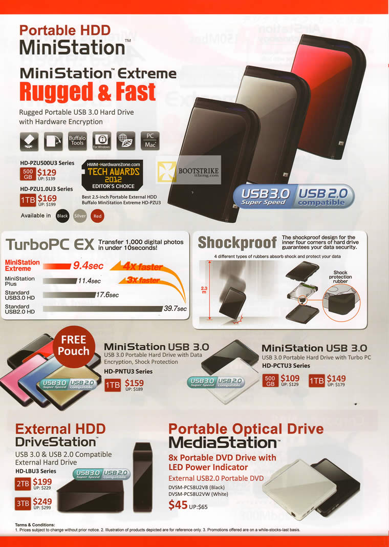 IT SHOW 2012 price list image brochure of Buffalo External Storage MiniStation Extreme Rugged HD-PZU500U3, PZU1.0U3, DriveStation, MediaStation