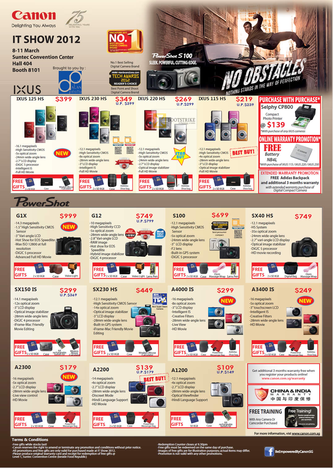 IT SHOW 2012 price list image brochure of Canon Digital Cameras Ixus 125 HS, 230 HS, 220 HS, 115 HS, PowerShot G1X, G12, S100, SX40 HS, SX150 IS, SX230 HS, A4000 IS, A3400 IS, A2300, A2200, A1200