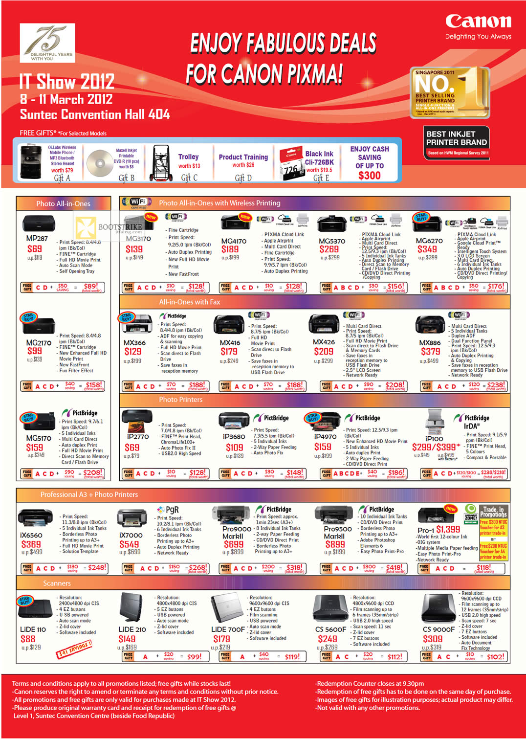 IT SHOW 2012 price list image brochure of Canon Printers Inkjet MP287, MG3170, MG4170, MG5370, MG6270, MG2170, MX366, MX416, MX426, Lide Scanners 110, 210, 700F, CS 5600F, CS9000F