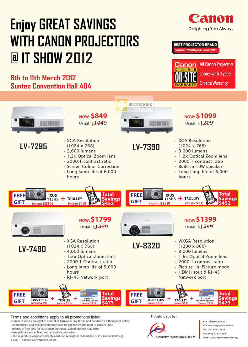 IT SHOW 2012 price list image brochure of Canon Projectors LV-7295, LV-7390, LV-7490, LV-8320
