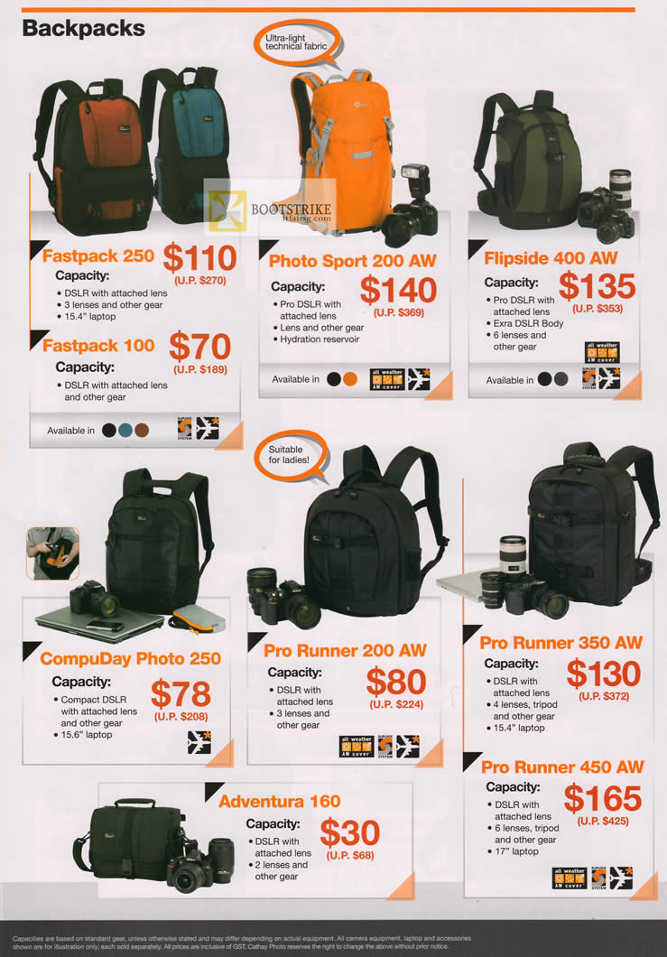 IT SHOW 2012 price list image brochure of Cathay Photo Lowepro Backpacks Fastpack 250, 100, Photo Sport 200 AW, Flipside 400 AW, CompuDay Photo 250, Pro Runner, Adventura 160