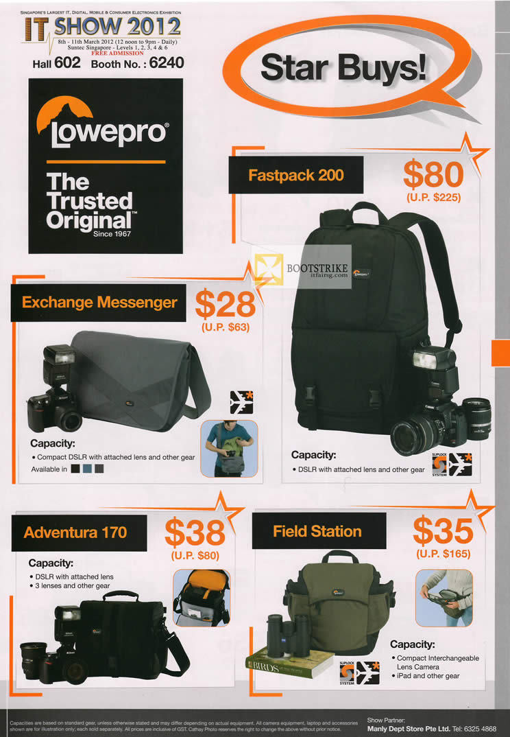 IT SHOW 2012 price list image brochure of Cathay Photo Lowepro Bags Fastpack 200, Exchange Messenger, Adeventura 170, Field Station