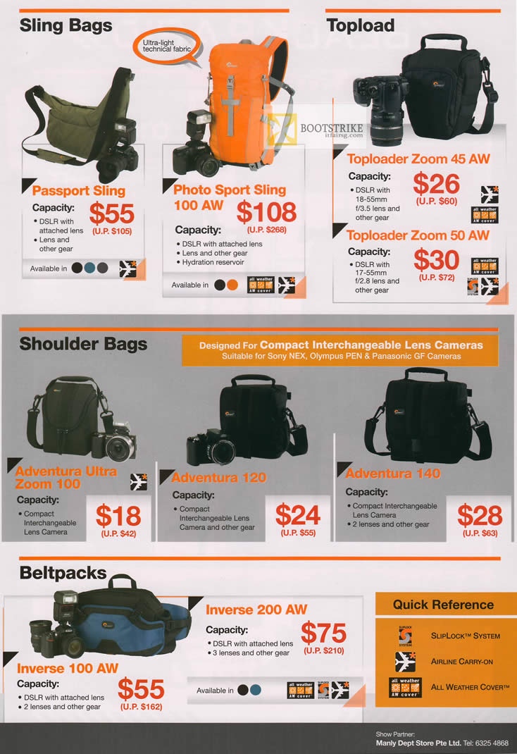 IT SHOW 2012 price list image brochure of Cathay Photo Lowepro Sling Bags, Topload, Shoulder Bags, Beltpacks
