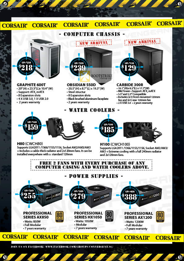 IT SHOW 2012 price list image brochure of Convergent Corsair Case Graphite 600T, Obsidian 550D, Carbide 300R, H80 Water Cooler, H100, PSU Professional Series AX850, HX1050, AX1200