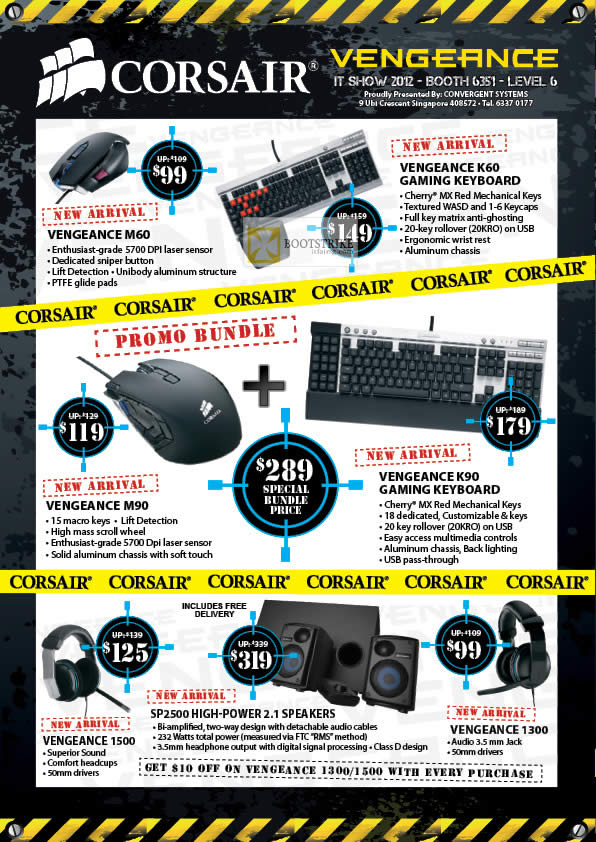 IT SHOW 2012 price list image brochure of Convergent Corsair Vengenance K60 Keyboard, M60 Mouse, M90, K90, 1500, 5P2500 Speakers, Vengenance 1300 Headphone