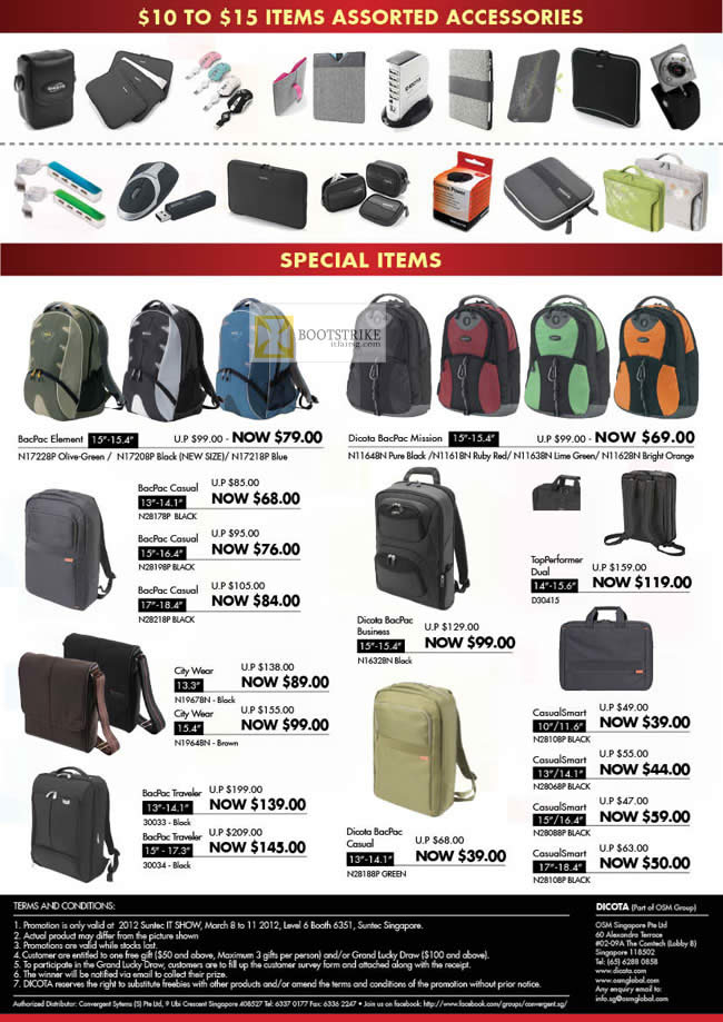 IT SHOW 2012 price list image brochure of Convergent Dicota Accessories, Bags BacPac Element, Mission, Casual, TopPerformer Dual, City Wear, CasualSmart