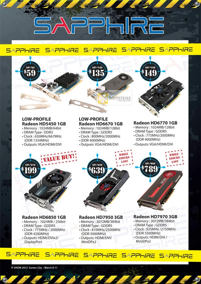 IT SHOW 2012 price list image brochure of Convergent Sapphire Video Graphic Cards Radeon HD5450, HD6670, HD6770, HD6850, HD7950, HD7970