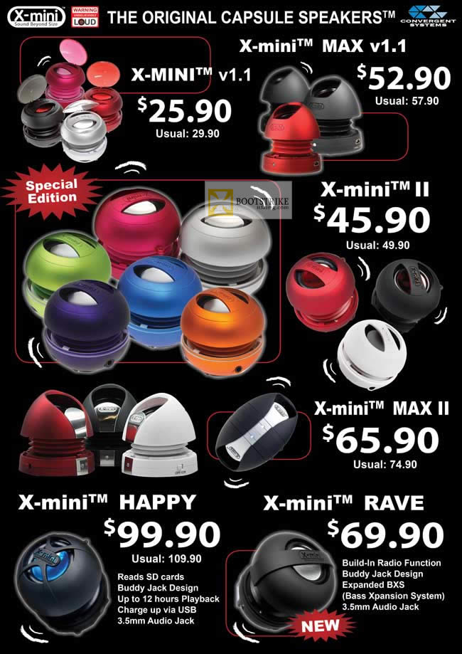 IT SHOW 2012 price list image brochure of Convergent X-Mini Capsule Speakers, Max V1.1, II, Max II, Happy, Rave