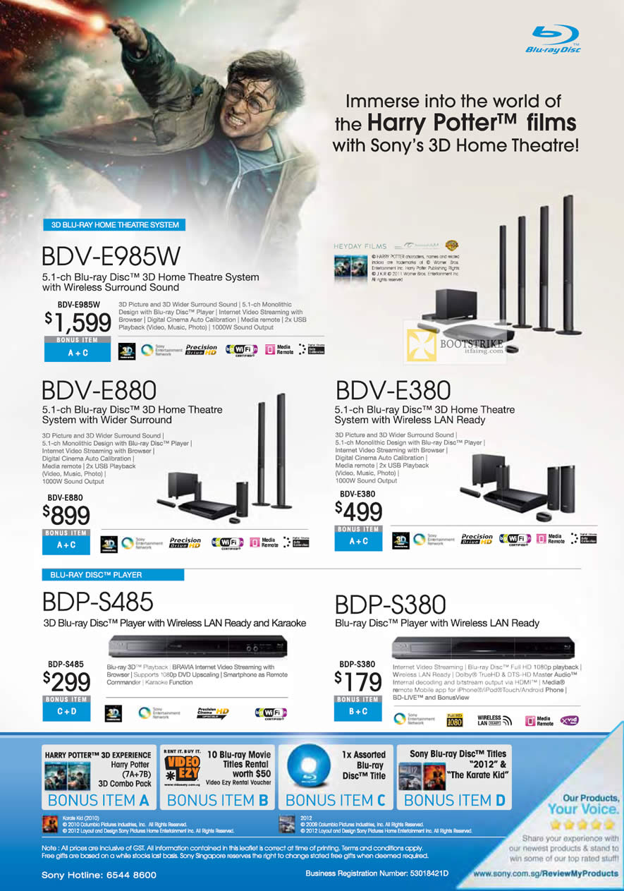 IT SHOW 2012 price list image brochure of Courts Sony Blu-Ray 3D Home Theatre System BDV-E985W, BDV-E880, BDV-E380, Blu Ray Player BDP-S485, BDP-S380