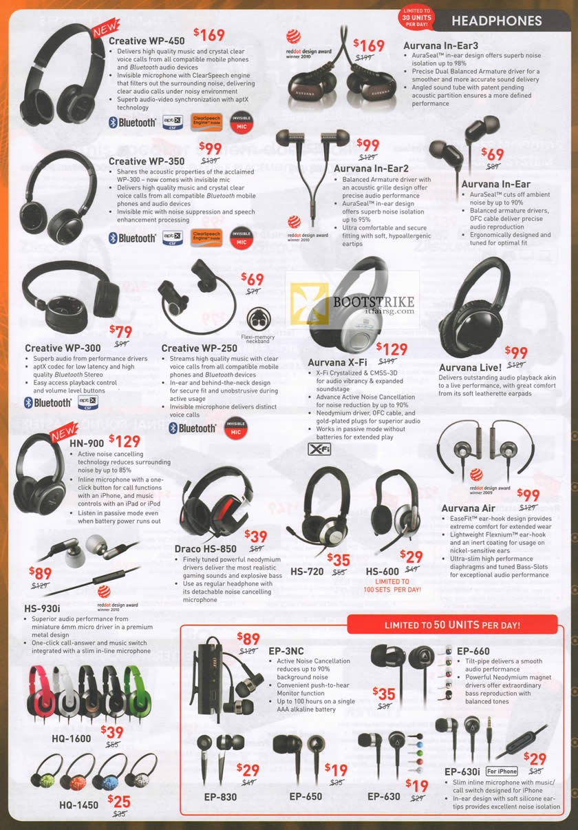 IT SHOW 2012 price list image brochure of Creative Headphones WP-450, Aurvana In-Ear3, WP-350, In-Ear2, In-Ear