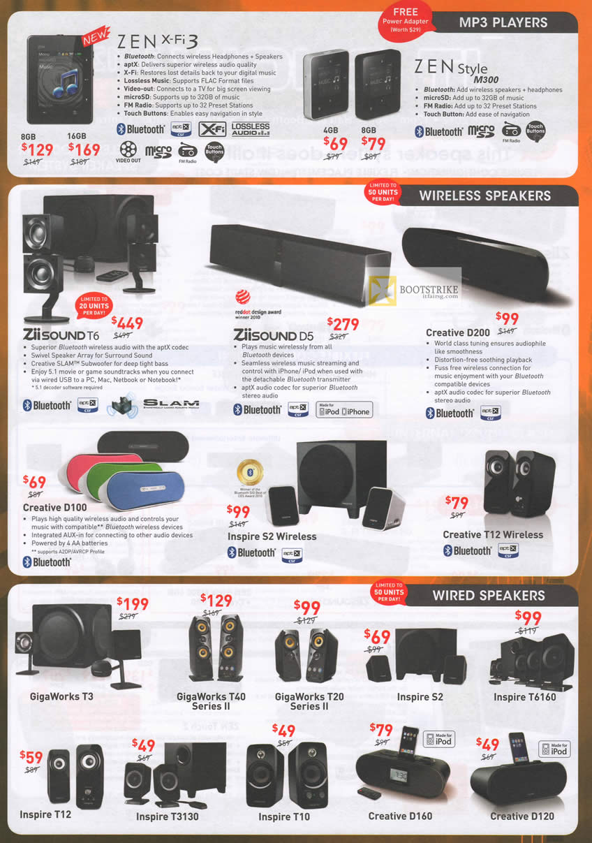 IT SHOW 2012 price list image brochure of Creative MP3 Players Zen X-Fi 3, Style M300, Wireless Speakers Ziisound T6, D5, D200, D100, Inspire S2 Wireless
