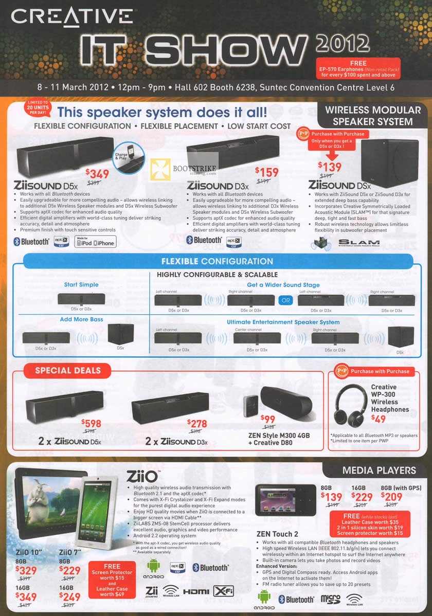IT SHOW 2012 price list image brochure of Creative Wireless Modular Speaker System Ziisound D5x, D3x, DSx, Media Player Ziio, Zen Touch 2