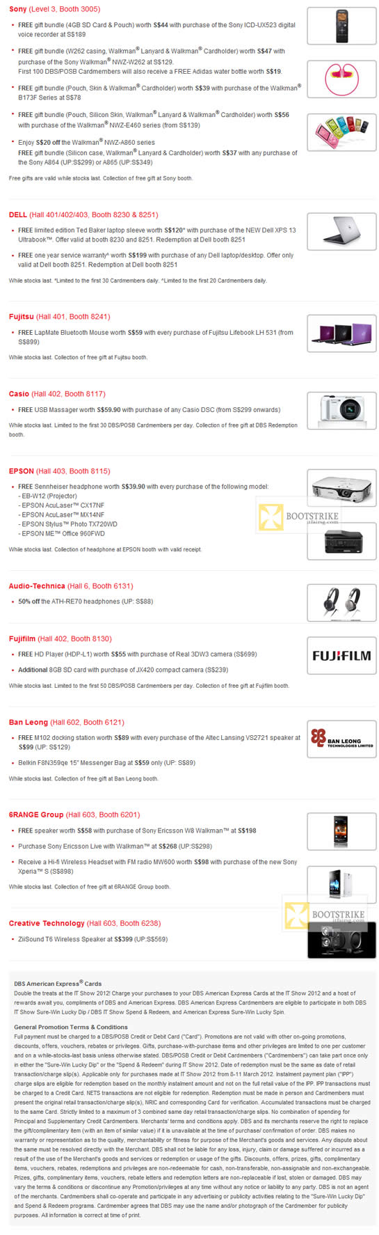 IT SHOW 2012 price list image brochure of DBS POSB Specials Sony, Dell, Fujitsu Notebooks, Casio, Epson Printers, Audio Technica, Fujifilm, Ban Leong, 6range Sony Ericsson, Creative, Terms, Conditions