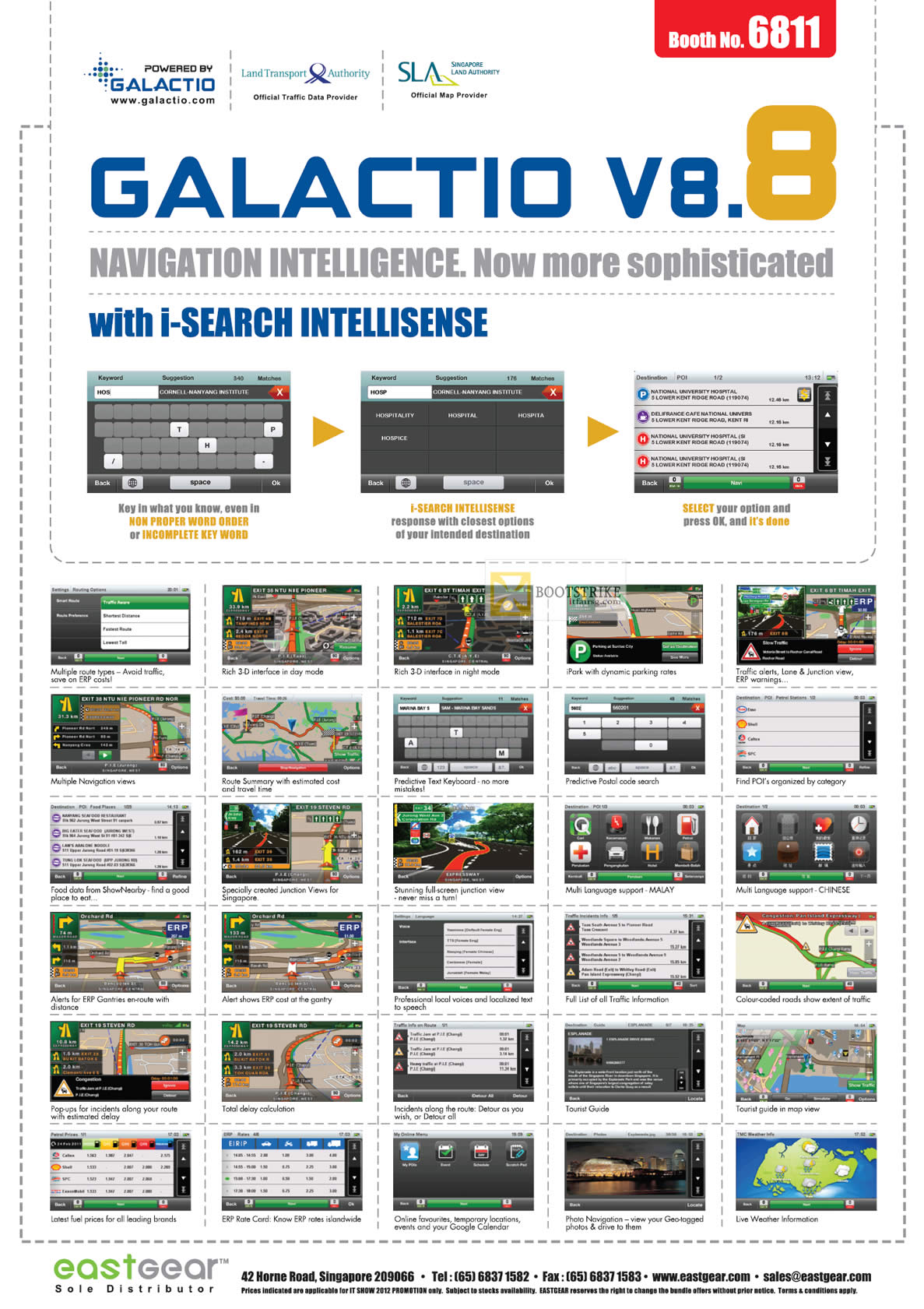 IT SHOW 2012 price list image brochure of Eastgear GPS Navigator Galactio V8.8 Features, I-Search Intellisense
