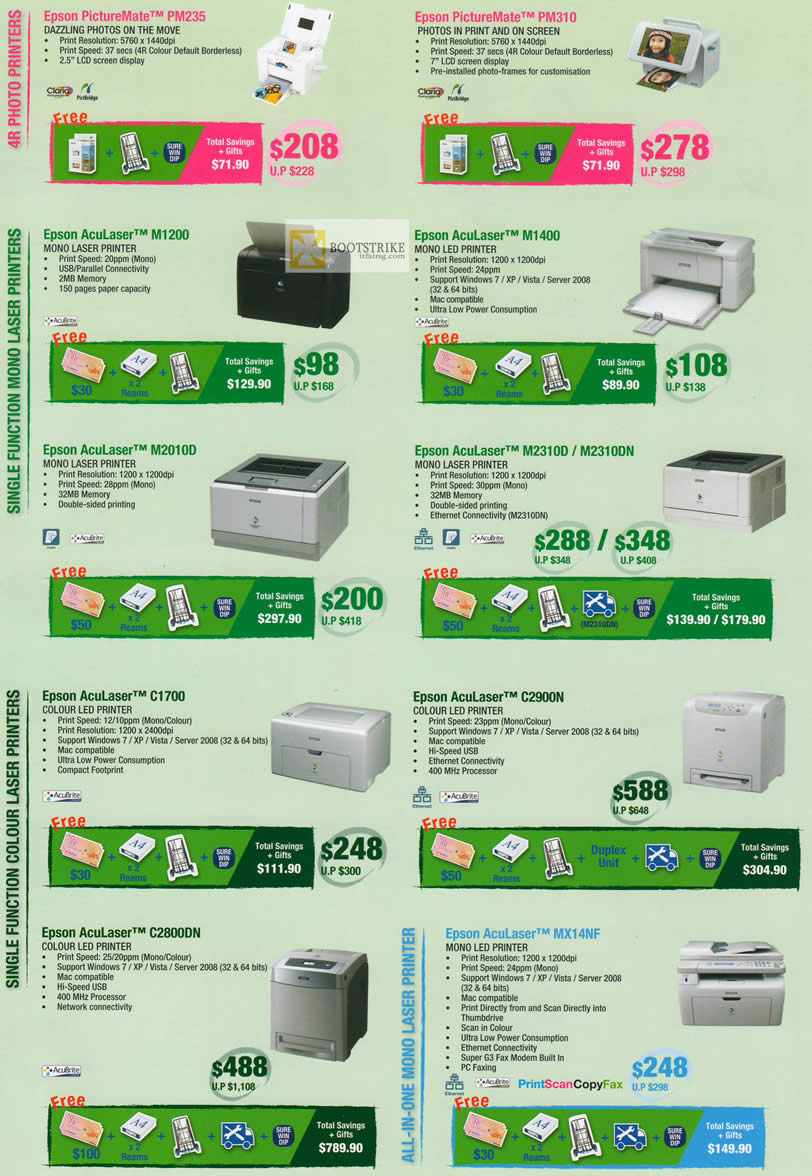 IT SHOW 2012 price list image brochure of Epson PictureMate PM235 Photo Printer, PM310, AcuLaster M1200 Laser, M1400, M2010D, M2310D, M2310DN, AcuLaser C1700, C2900N, C2800DN, MX14NF