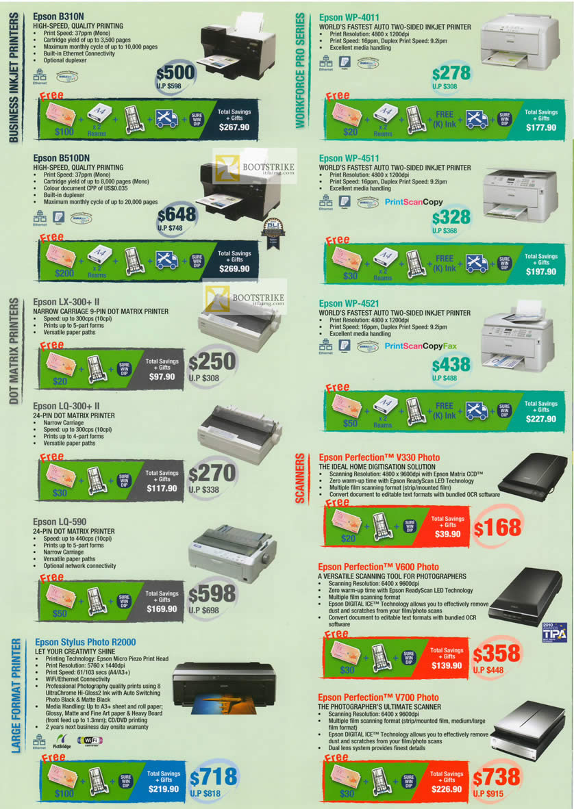 IT SHOW 2012 price list image brochure of Epson Printers Business Inkjet B310N, WP-4011, B510DN, WP-4511, LX-300 Dot Matrix, WP-4521, LQ-300, LQ-590, R2000, Perfection V330 Photo, V600, V700