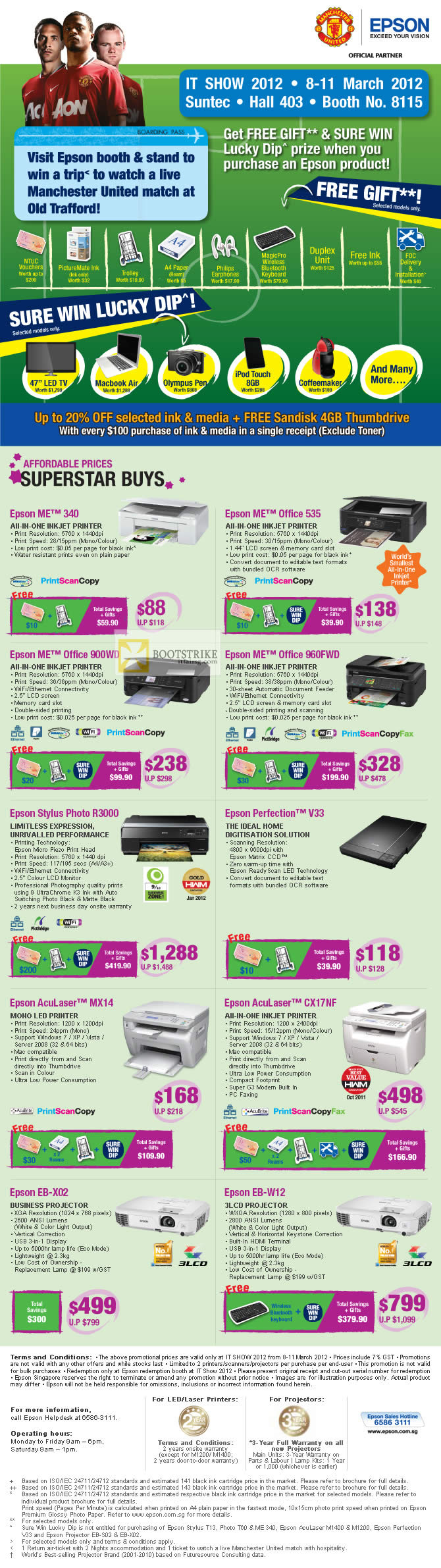 IT SHOW 2012 price list image brochure of Epson Printers Inkjet ME 340, ME Office 535, 900WD, 960FWD, Stylus Photo R3000, Perfection V33, AcuLaser MX14, CX17NF, Projector EB-X02, EB-W12