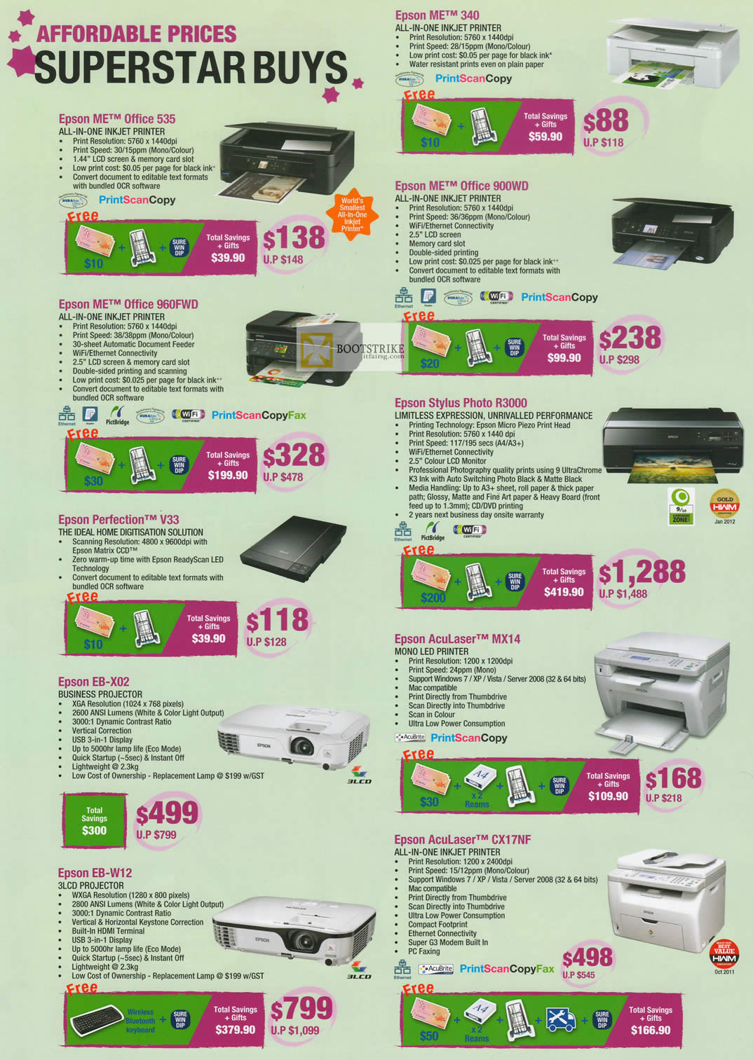 IT SHOW 2012 price list image brochure of Epson Printers Inkjet ME Office 535, 340, 960FWD, 900WD, Stylus Photo R3000, Scanner Perfection V33, EB-X02, AcuLaster MX14, CX17NF, Projector EB-W12