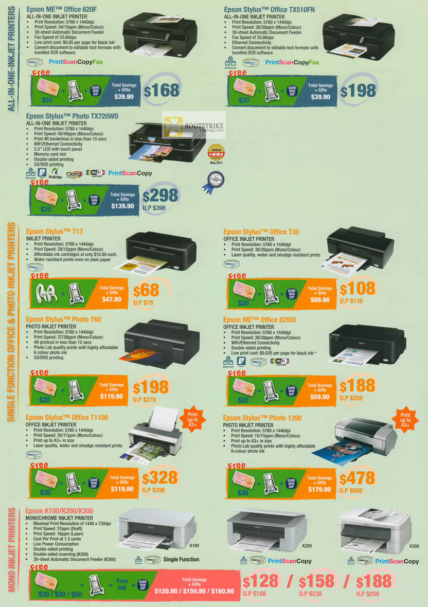 IT SHOW 2012 price list image brochure of Epson Printers ME Office 620F, Stylus Photo TX720WD, Office TX510FN, T13, T30, T60, 82WD, Office T1100, 1390, K100, K200, K300