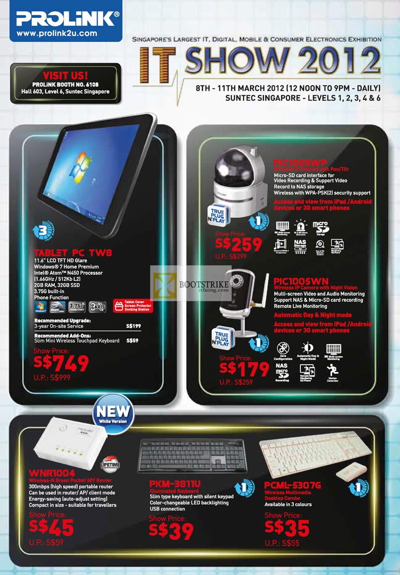 IT SHOW 2012 price list image brochure of Fida Prolink Tablet PC TW8, PIC1003WP IPCam, PIC1005WN, WNR1004 Pocket Router, Keyboard