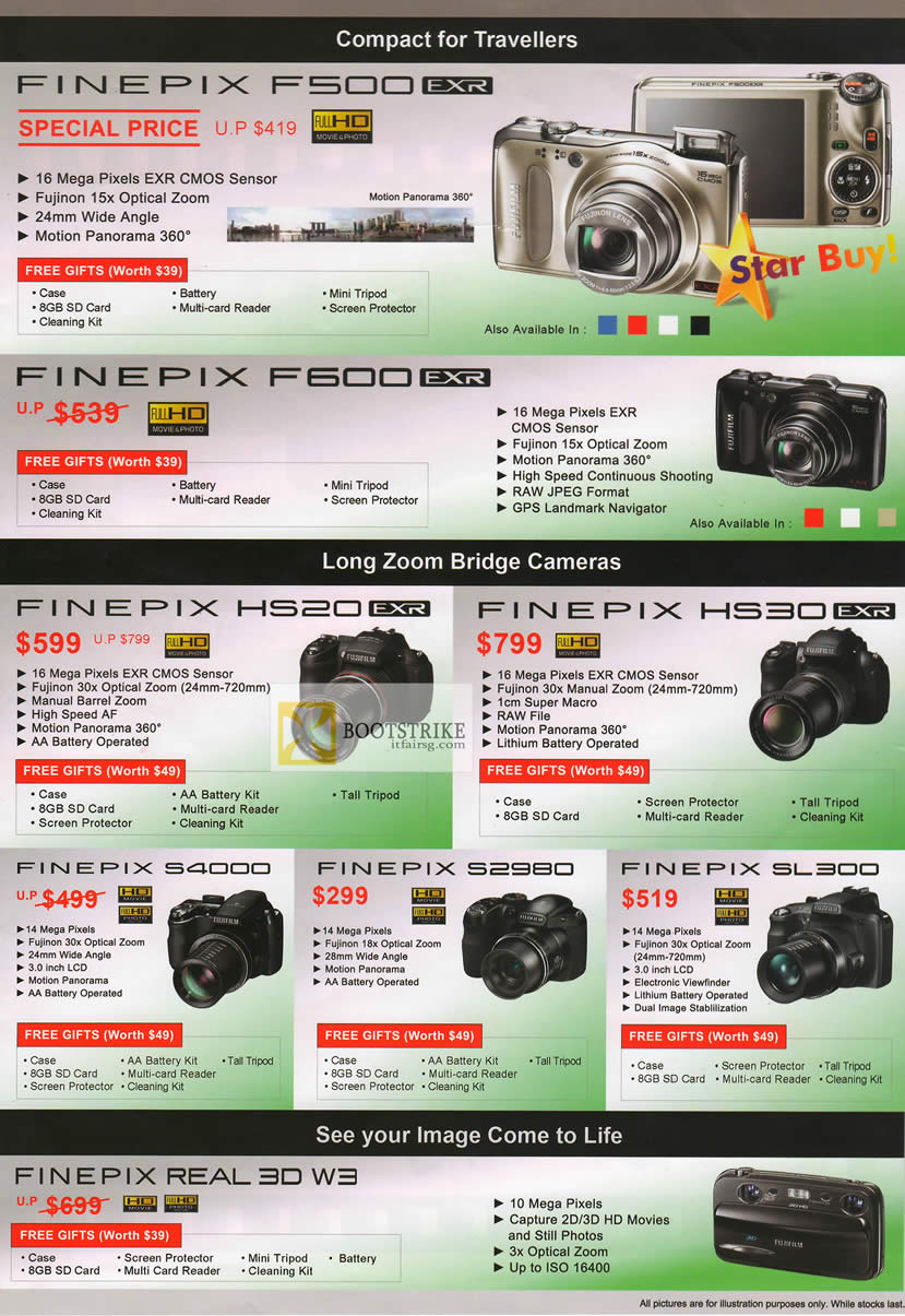 IT SHOW 2012 price list image brochure of Fujifilm Digital Cameras Finepix F500EXR, F600 EXR, HS20 EXR, HS30EXR, S4000, S2980, SL300, Real 3D W3