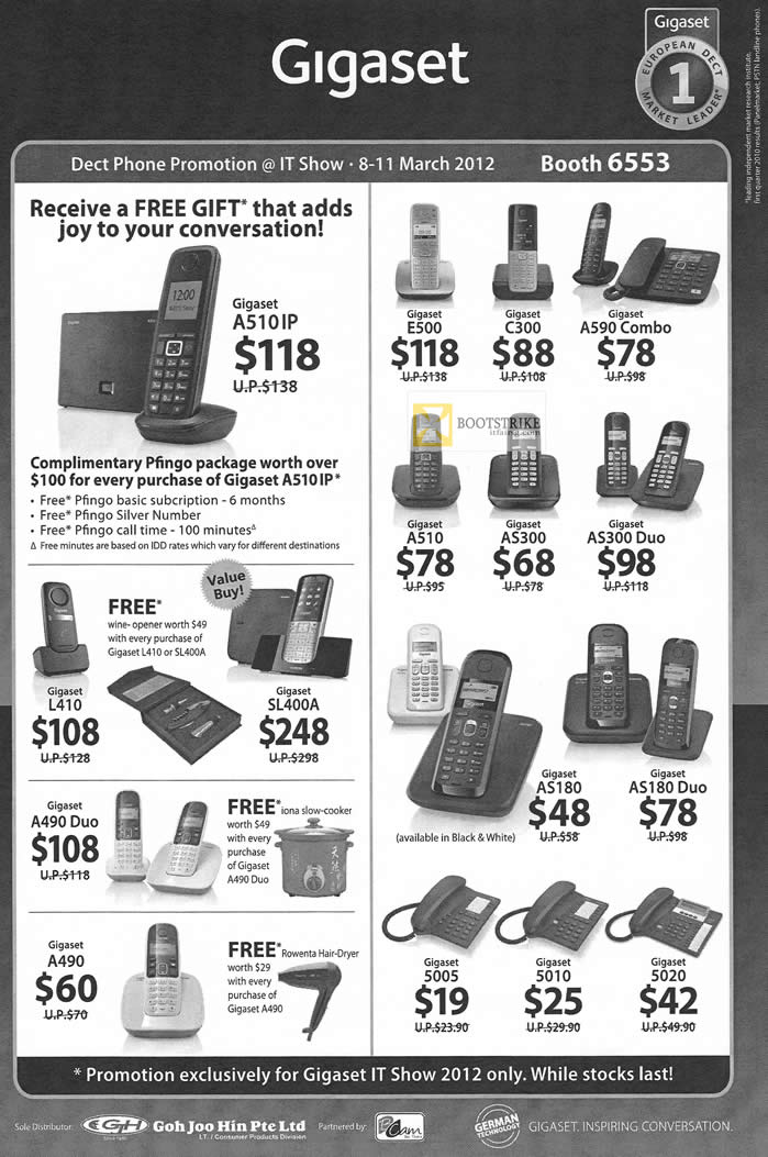 IT SHOW 2012 price list image brochure of Goh Joo Hin Dect Phone E500, C300, A590 Combo, A510, AS300, AS300 Duo, L410, SL400A, A490 Duo, AS180, 5005, 5010, 5020