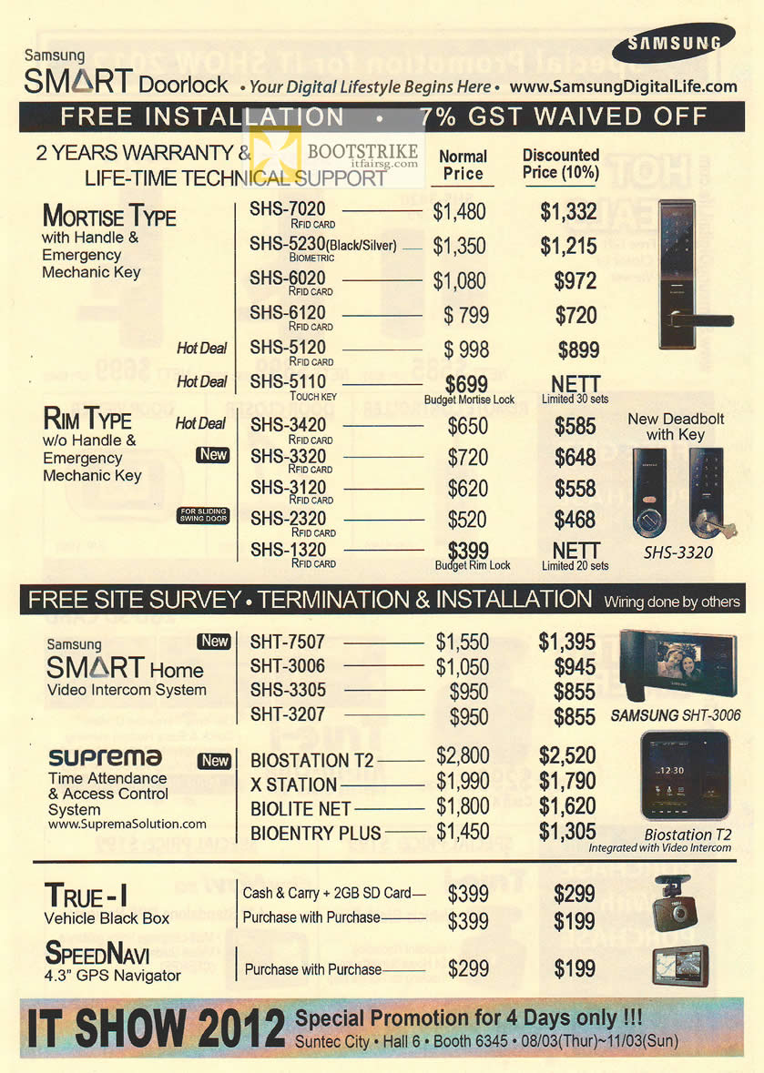 IT SHOW 2012 price list image brochure of Hanman Samsung Smart Doorlock, Mortise, RIM Type SHS, Home Intercom System, Suprema, True-1, SpeedNavi GPS
