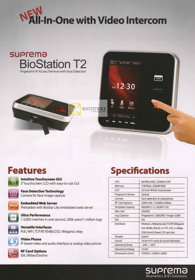 IT SHOW 2012 price list image brochure of Hanman Security Suprema BioStation T2 Fingerprint IP Access Terminal With Face Detection