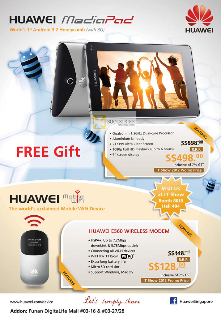 IT SHOW 2012 price list image brochure of Huawei MediaPad Tablet Android, Mobile Wifi Wireless E560 Modem HSPA)