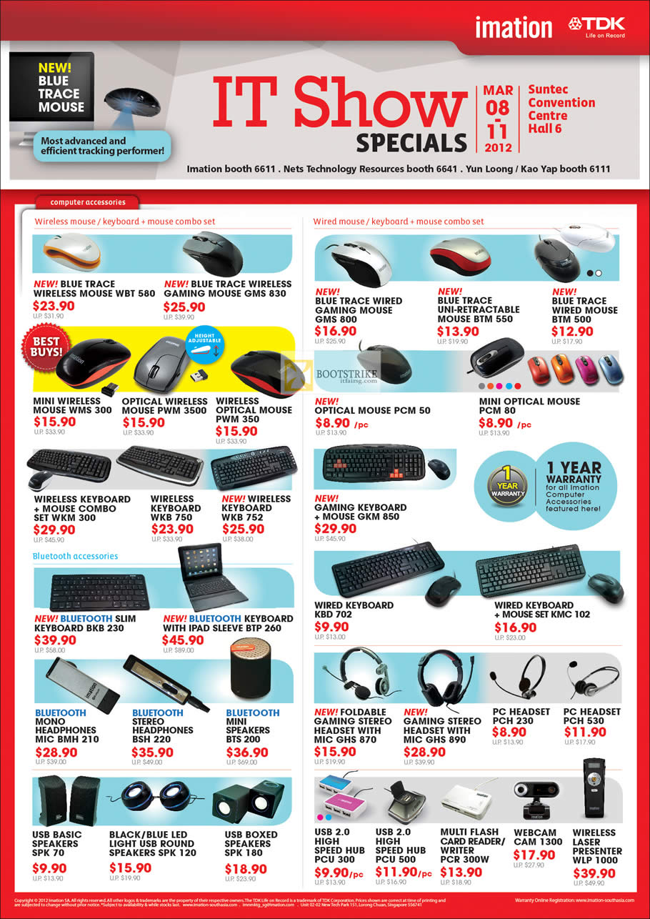IT SHOW 2012 price list image brochure of Imation TDK Mouse Blue Trace, Wireless, Optical, Keyboard, Bluetooth, Headphones, Speakers, USB Hub, Headset, Webcam, Laser Presenter, Card Reader