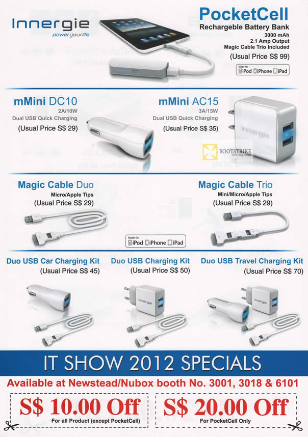 IT SHOW 2012 price list image brochure of Innergie Pocketcell Portable Battery Charger, MMini DC10, AC15, USB Charging Kit