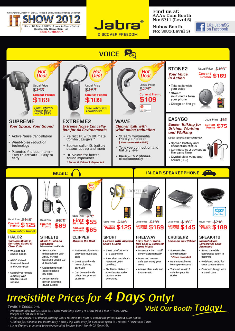 IT SHOW 2012 price list image brochure of Jabra Bluetooth Headsets Supreme, Extreme2, Wave, Stone2, EasyGo, Halo2, Street2, Clipper, Sport, Freeway, Cruiser2, Speak410, Car Speakerphone