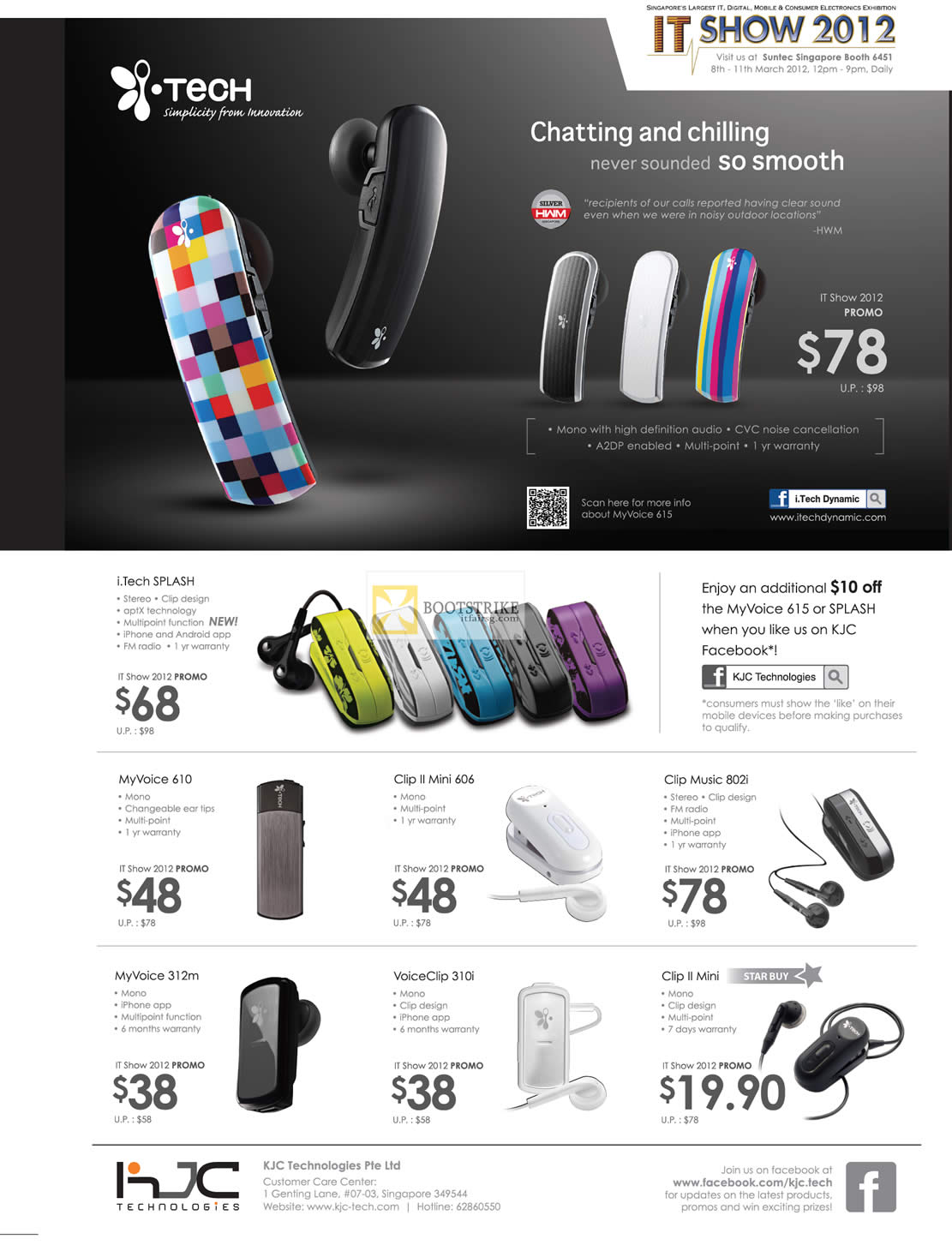 IT SHOW 2012 price list image brochure of KJC ITech Bluetooth Headsets, Splash, MyVoice 610, 312m, Clip II Mini 606, Music 802i, VoiceClip 310i