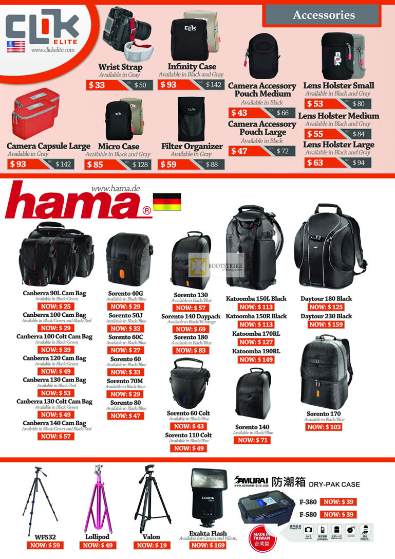 IT SHOW 2012 price list image brochure of Lau Intl Clik Elite Accessories, Hama Camera Bags, Sorento, Canberra, Katoomba, Daytour, Samurai Dry Pak Case, Lollipod, Valon, Exakta Flash