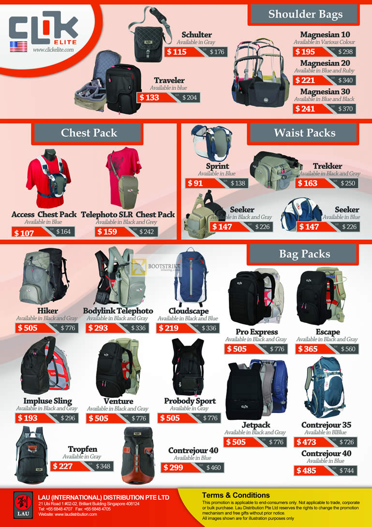 IT SHOW 2012 price list image brochure of Lau Intl Clik Elite Shoulder Bags, Magnesian, Chest Packs, Waist Packs, Bag Packs