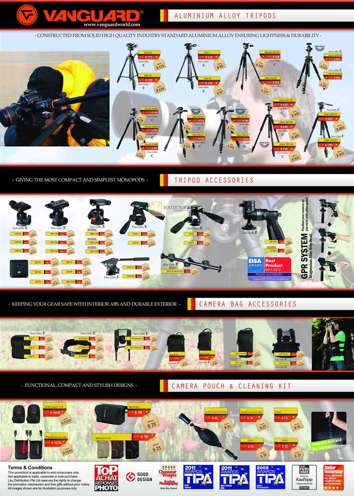 IT SHOW 2012 price list image brochure of Lau Intl Vanguard Aluminium Alloy Tripods Mak, Alta, Abeo, Alta Pro, Nivelo, Accessories, Camera Bag, Pouch, Cleaning Kit