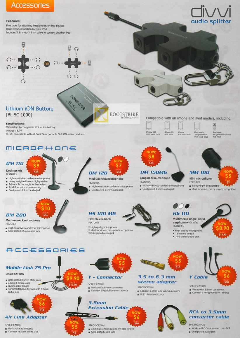 IT SHOW 2012 price list image brochure of Leap Frog Sonicgear Accessories Ion Battery BL-5C 1000, Mic DM 110, DM120, DM 150MG, MM 100, DM 200, HS 100 MG, HS 110, Mobile Link 75 Pro, Y-Connector