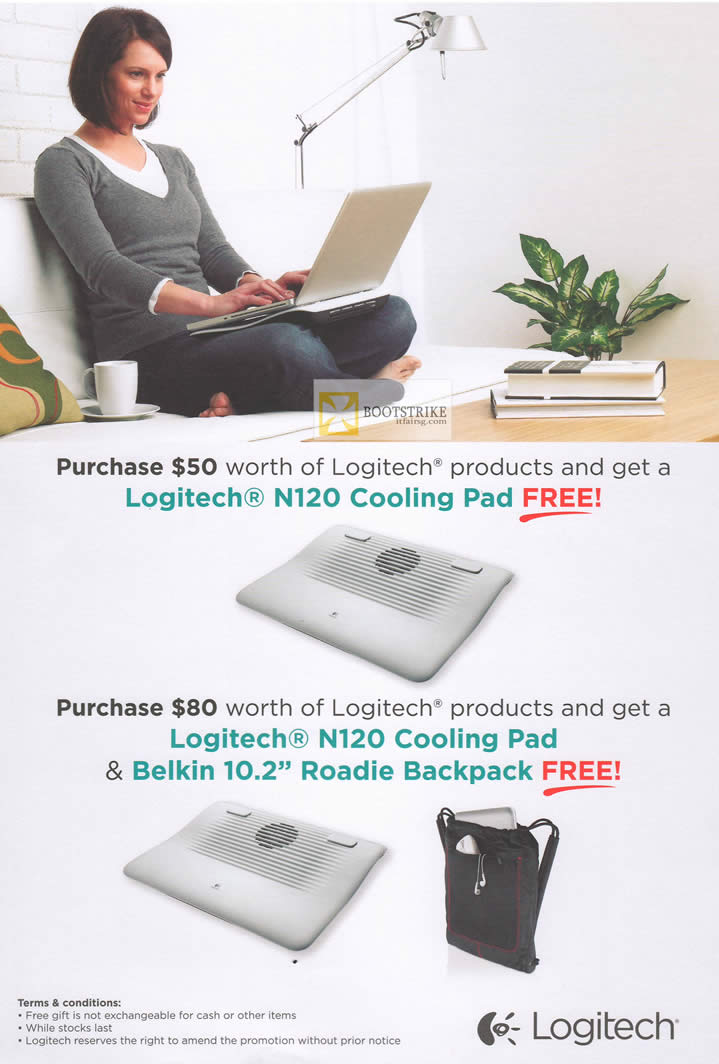 IT SHOW 2012 price list image brochure of Logitech Free N120 Cooling Pad, Belkin Roadie Backpack