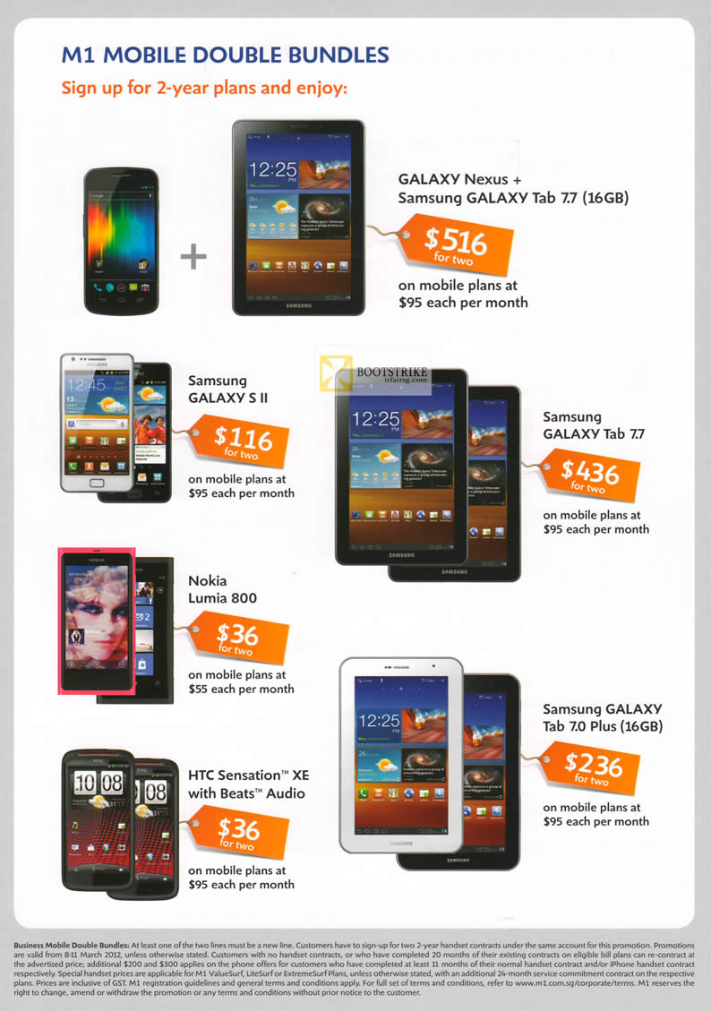 IT SHOW 2012 price list image brochure of M1 Business Samsung Galaxy Nexus, Galaxy Tab 7.7, S II, Tab 7.7, Nokia Lumia 800, HTC Sensation XE, Tab 7.0 Plus