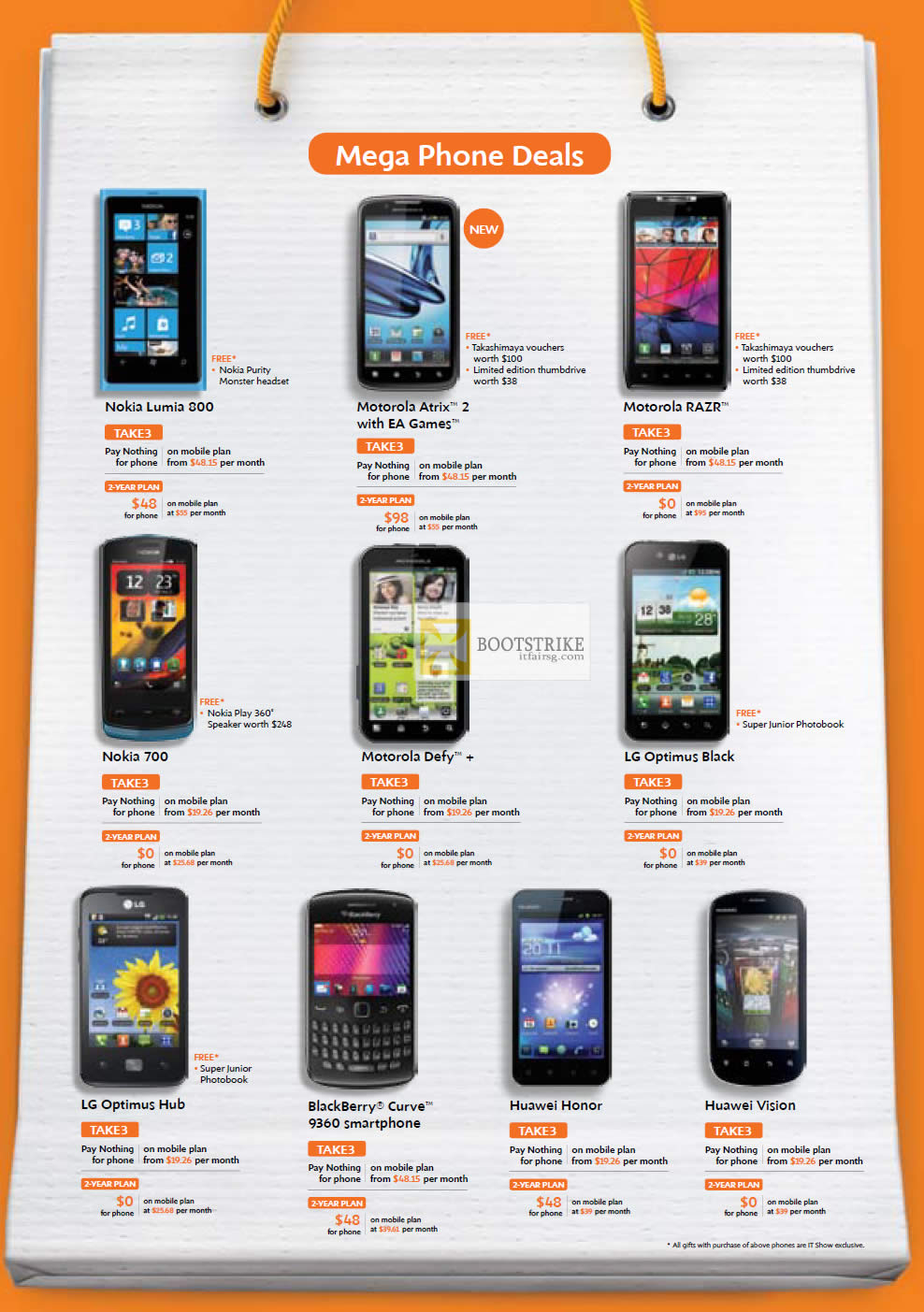 IT SHOW 2012 price list image brochure of M1 Nokia 700, Lumia 800, Motorola Atrix 2, Razr, Defy, LG Optimus Black, Hub, Blackberry Curve 9360, Huawei Honor, Vision