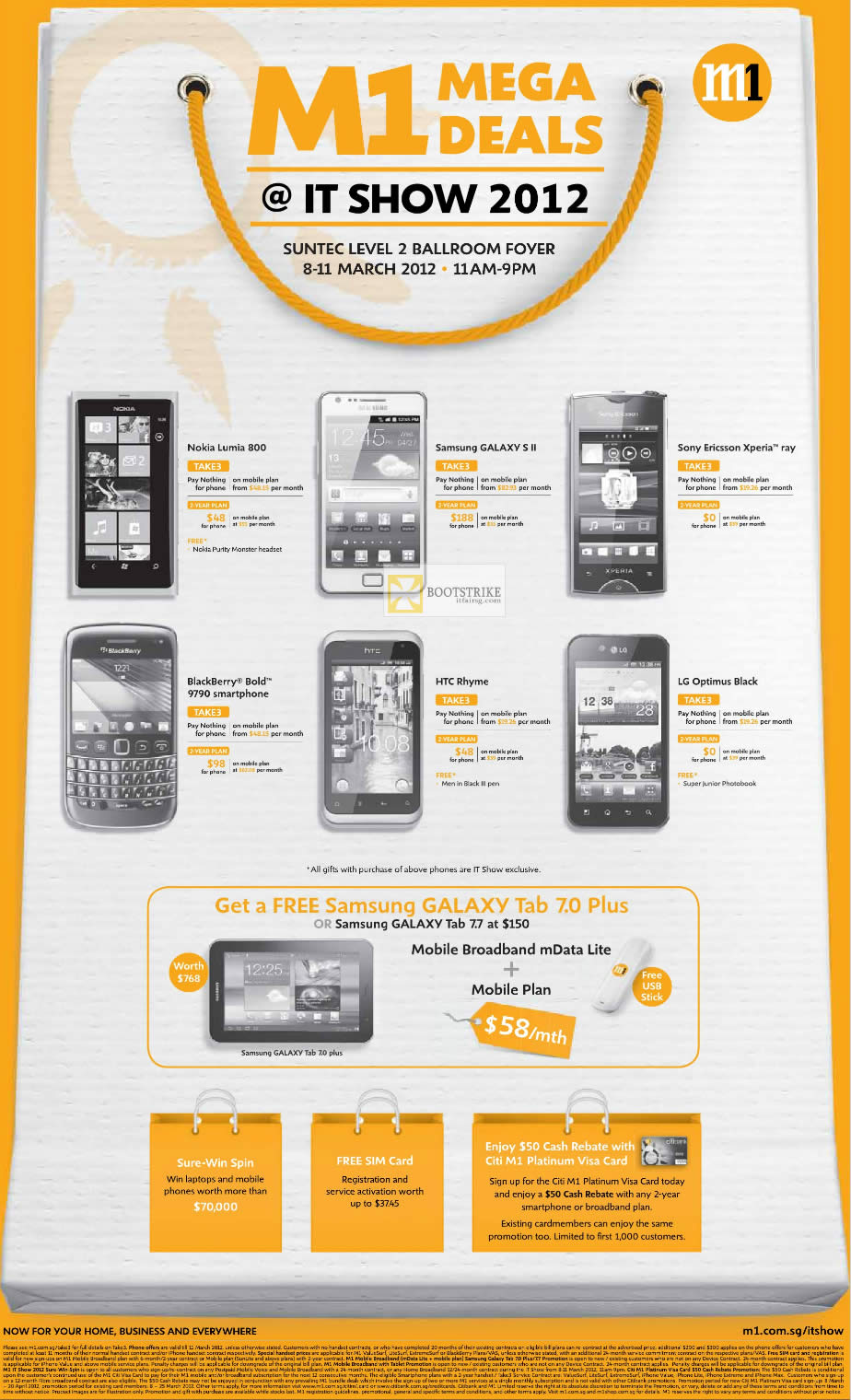 IT SHOW 2012 price list image brochure of M1 Nokia Lumia 800, Samsung Galaxy S II, Tab 7.0 Plus, Tab 7.7, SE Xperia Ray, Blackberry Bold 9790, HTC Rhyme, LG Optimus Black