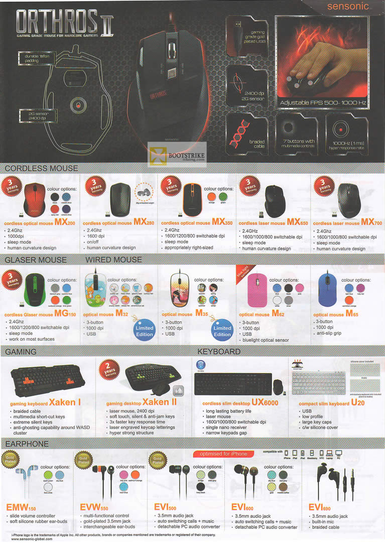 IT SHOW 2012 price list image brochure of Mclogic Sensonic Accessories Mouse, Glaser, Orthros II, Gaming, Earphones