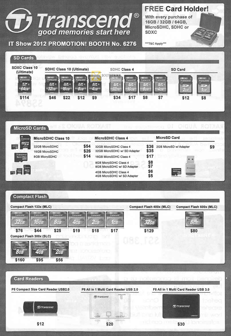 IT SHOW 2012 price list image brochure of Memory World Transcend Flash Memory Cards, SDHC, SD, MicroSD, Card Reader, Compact Flash CF